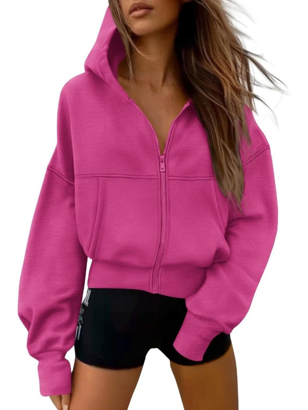 Women's Hot Pink Long Sleeve Zip Up Hoodie Casual Fall Fleece Sweatshirt Jacket